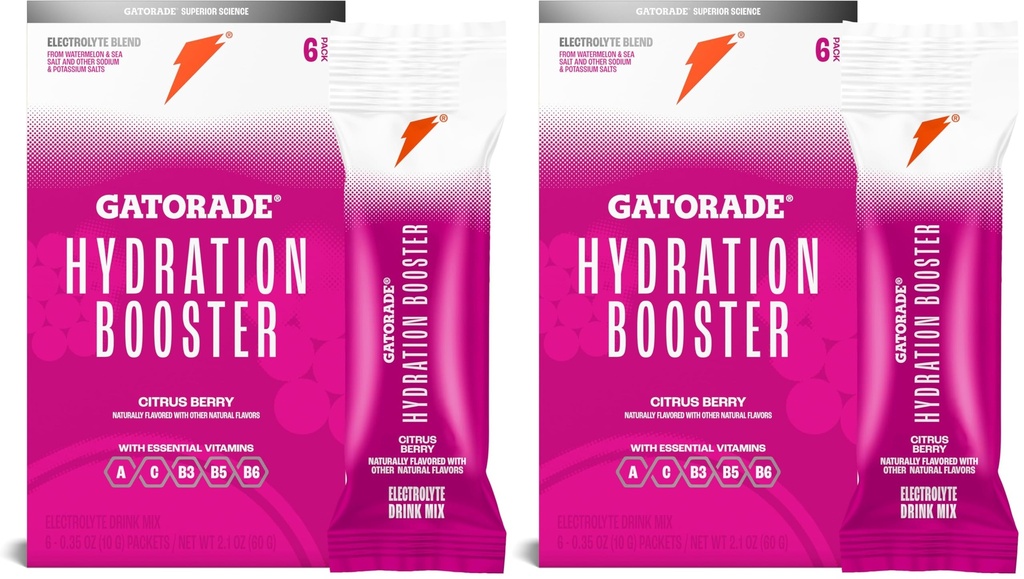 Gatorade Hydration Booster Electrolyte Drink Powder Packets, Citrus Berry, Advanced Electrolyte Blend, No Added Colors, No Artificial Sweeteners, Essential Vitamins A,C,B3,B5,B6, 20 Fl Oz (Pack of 12)