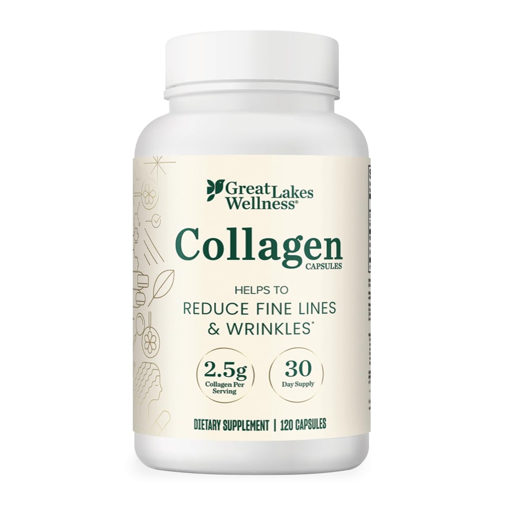 Great Lakes Wellness Collagen Peptides Pills – Supports Hair, Skin, Nails, Joints & Digestion – Hydrolyzed, Non-GMO, Keto & Kosher, VERISOL Collagen Types I & III for Maximum Absorption (120 Capsules)