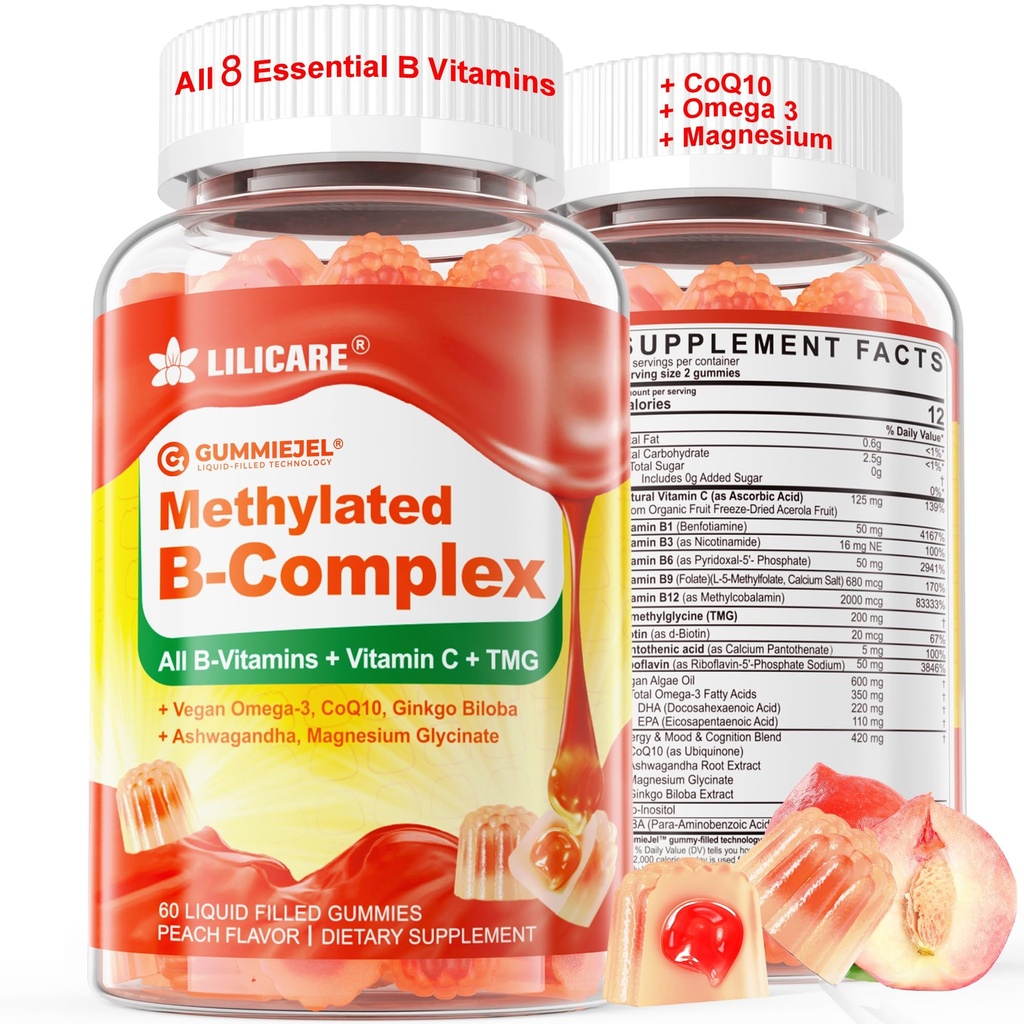 超甲基维他命 B 复合素 - 全B 维生素 + Omega-3, 镁, CoQ10, Ashwagandha, 维生素 C, TMG - 用于女性- 甲基 B12 2000 mcg, 甲基folate, B1, B2, B3, B5, B6, B7 - 无糖