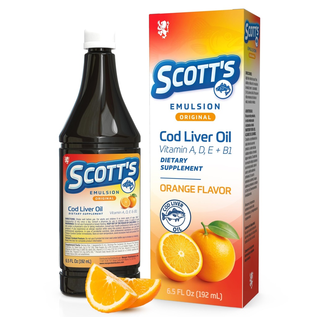 SCOTT'S EMULSION Cod Liver Oil Liquid for Kids – Orange Flavor – Supports Growth, Immunity & Bone Health – Rich in Omega 3 & Vitamins A+D – Easy-to-Take Fish Oil – 6.5 Fl Oz