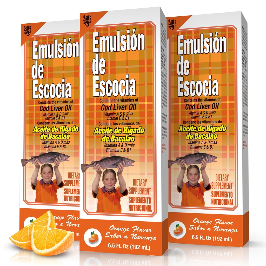 Emulsion de Escocia Cod Liver Oil Liquid with Vitamins A, D, E & B1, Omega-3 Fish Oil Supplement for Kids & Adults, Supports Immune & Bone Health, Orange Flavor, 6.5 Fl Oz Bottles, 3-Pack