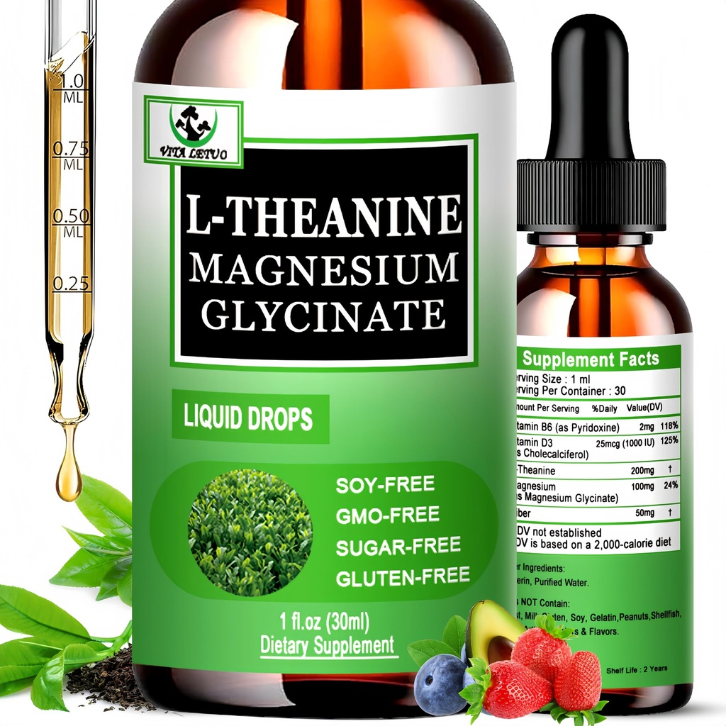 L Theanine Drops, Liquid L-Theanine Supplement 200mg w/Magnesium Glycinate,Vitamins,Fiber for Relaxation,Sleep,Digestion, Calm,High Absorption Mood Support for Adults & Kids,Plant Based,Non-GMO