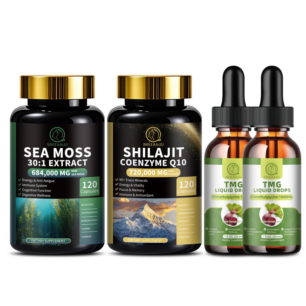 Sea Moss and Shilajit Bundle & TMG (Trimethylglycine) Supplement Liquid Drops, for Energy, Antioxidant, Immune Support, Liver Wellness & Cognitive Function