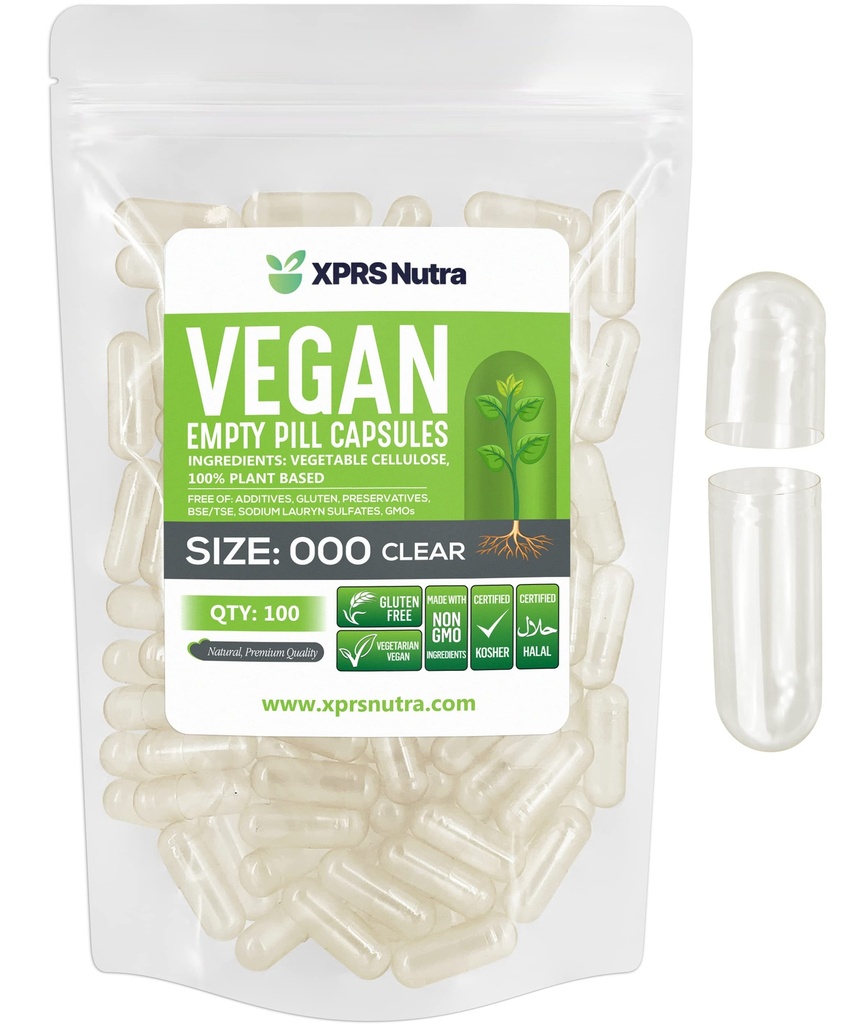 XPRS Nutra Vegan 大小为 000 空卡普尔- 100 计数 空卡普尔- 蔬菜药丸 DIY 蔬菜药丸 填充 - 蔬菜药丸