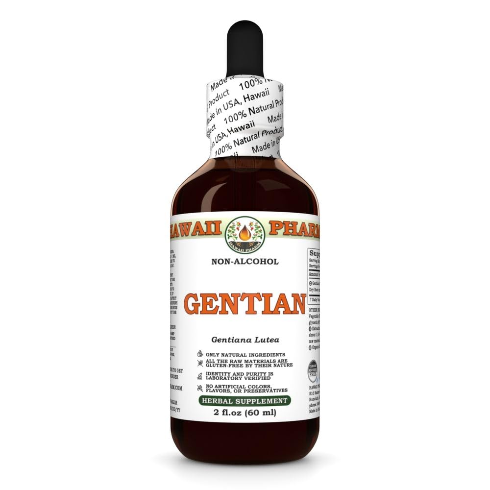 Gentian (Gentiana Lutea) Dry Root Glycerite, Made in Hawaii, Raw Materials, All Natural, Vegan, Lab Tested Alcohol-Free Liquid Extract - 2 fl.oz
