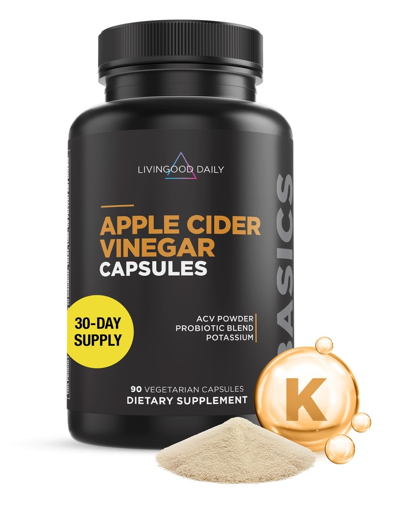 Livingood Daily Apple Cider Vinegar Capsules with The Mother (1500mg) - ACV Pills with Probiotics & Potassium for Women & Men - Supports Gut Health, Digestion, Appetite & Weight - Vegan, 90 Capsules