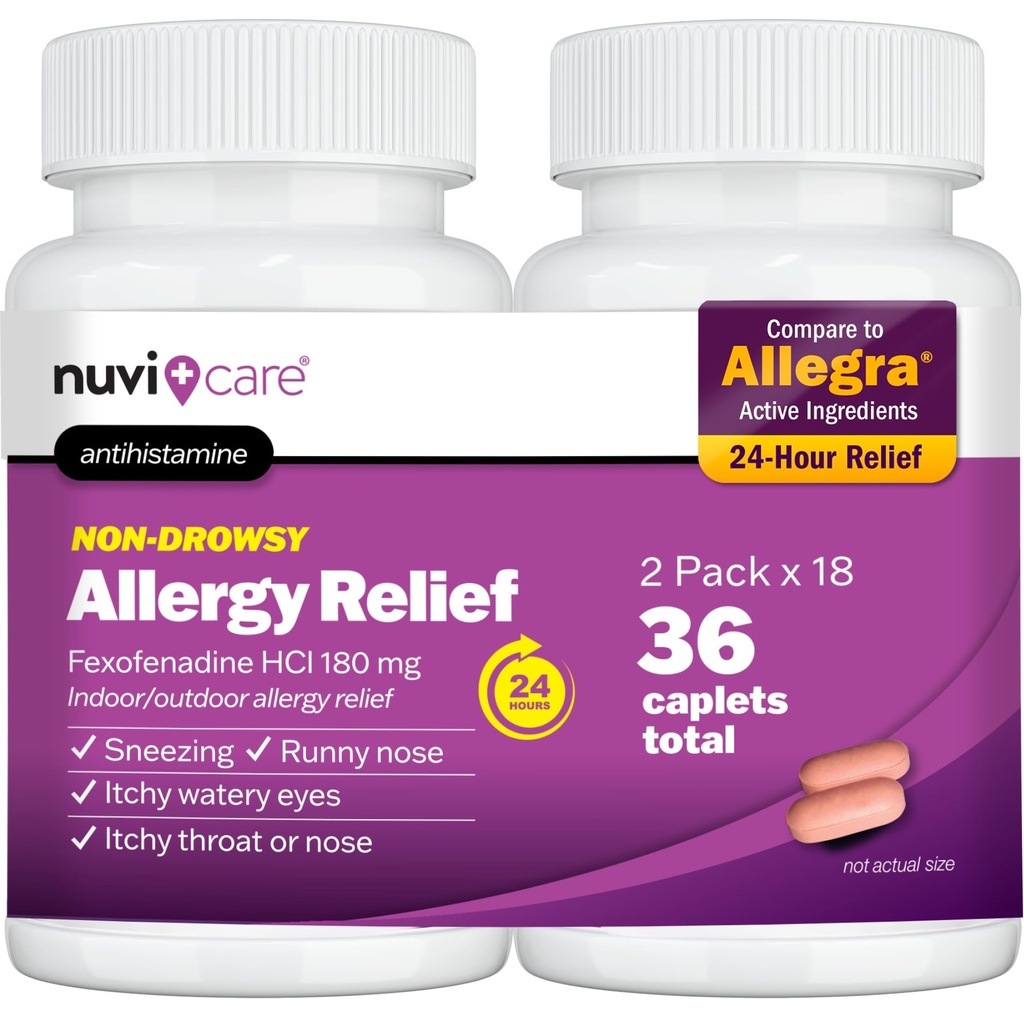NUVICARE Fexofenadine 180mg 24 Hour - Fexofenadine Hydrochloride 180 mg Antihistamine for Allergy Relief, Hives, Runny Nose, Itching, Compare to Allegra 24 Hour Non Drowsy Allergy Medicine (2 Pack)