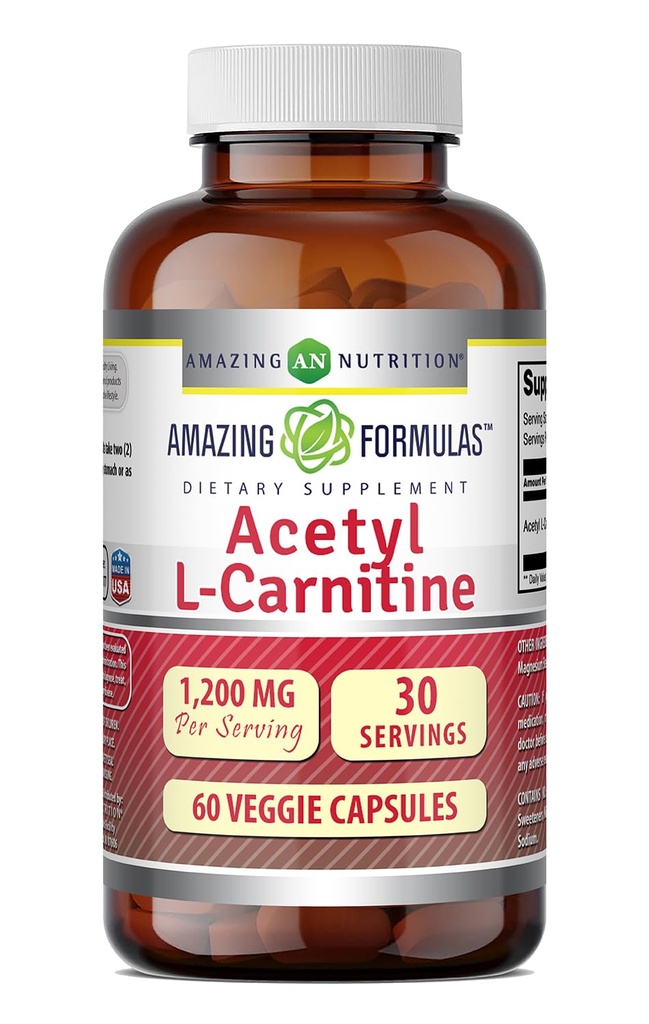 Amazing Formulas Acetyl L-Carnitine 1200 Mg Supplement | Vegetarian Capsules | Non-GMO | Gluten-Free | Made in USA (1 Pack, 60 Count)