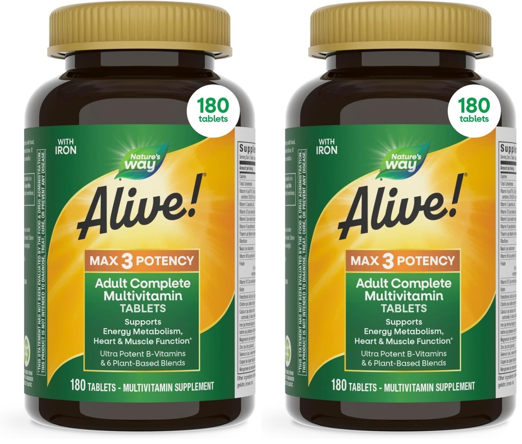 Nature's Way Alive! Max3 Potency Daily Multivitamin, Methylated B12 and Folate, Ultra Potency B-Vitamins to Support Energy Metabolism*, 180 Tablets, (Pack of 2)
