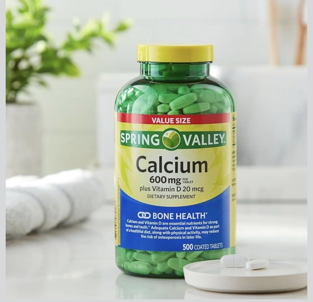 Spring - Valley Calcium 600 mg Plus Vitamin D 20 mcg, Bone Health Dietary Supplement, 1000 Coated Tablets, Value Size,
