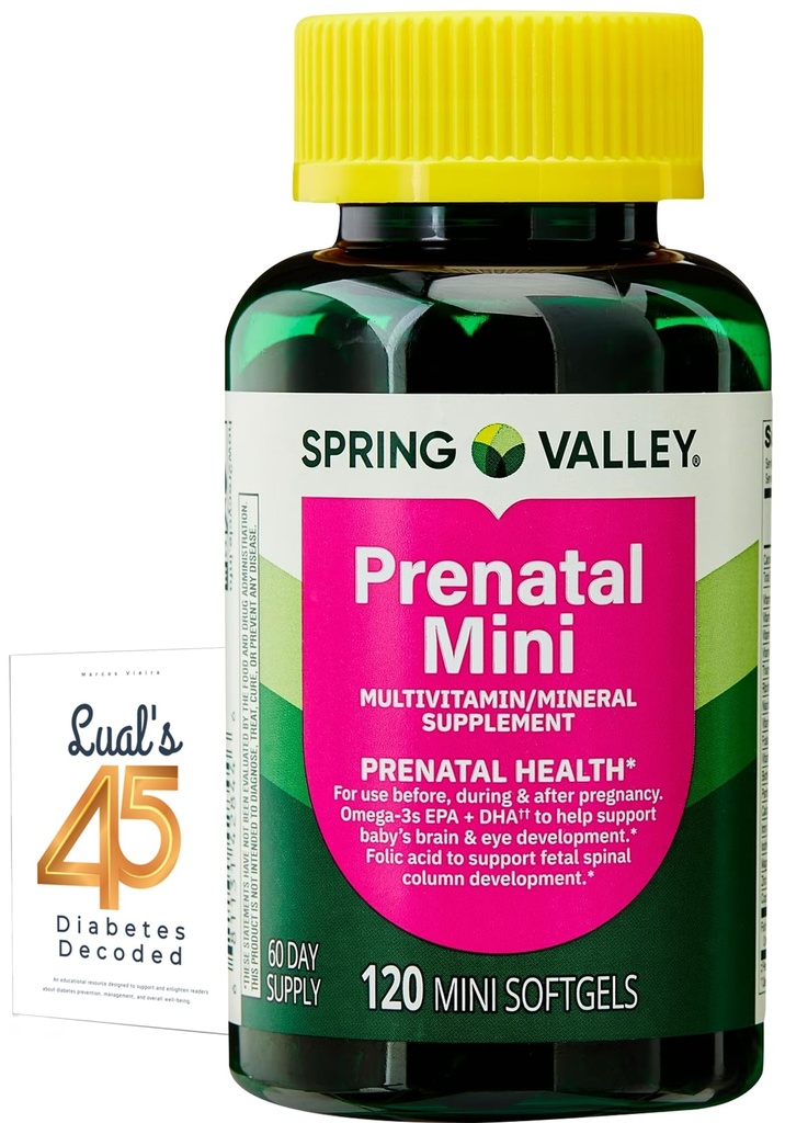Spring Valley Mini Prenatal Vitamins for Women Softgels Bundle with Luall's 45 Diabetes Decoded. Mini Prenatal Vitamins for Women 120 Soft Gels