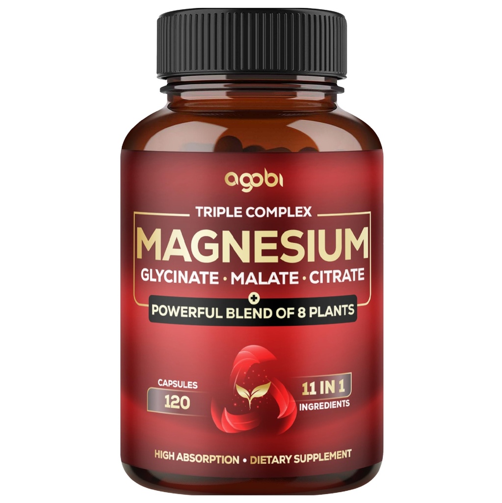 Magnesium Triple Complex - 600mg Magnesium Glycinate, Malate & Citrate - Added Spinach, Swiss Chard & Others - Support Calm, Restful Mood & Muscle Cramp - 120 Capsules