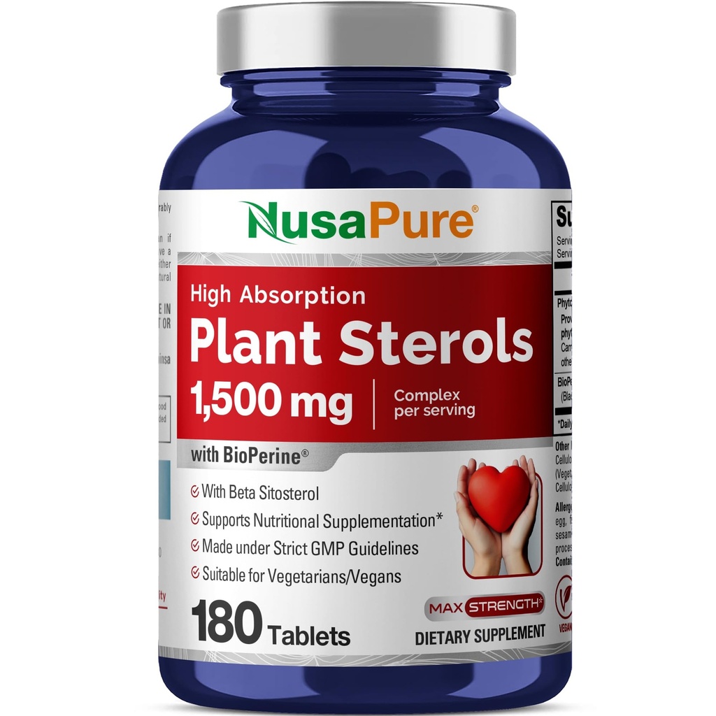 NusaPure Plants Sterols 1500 mg - 180 片剂(非GMO, Vegan) Beta Sitosterol, Bioperine