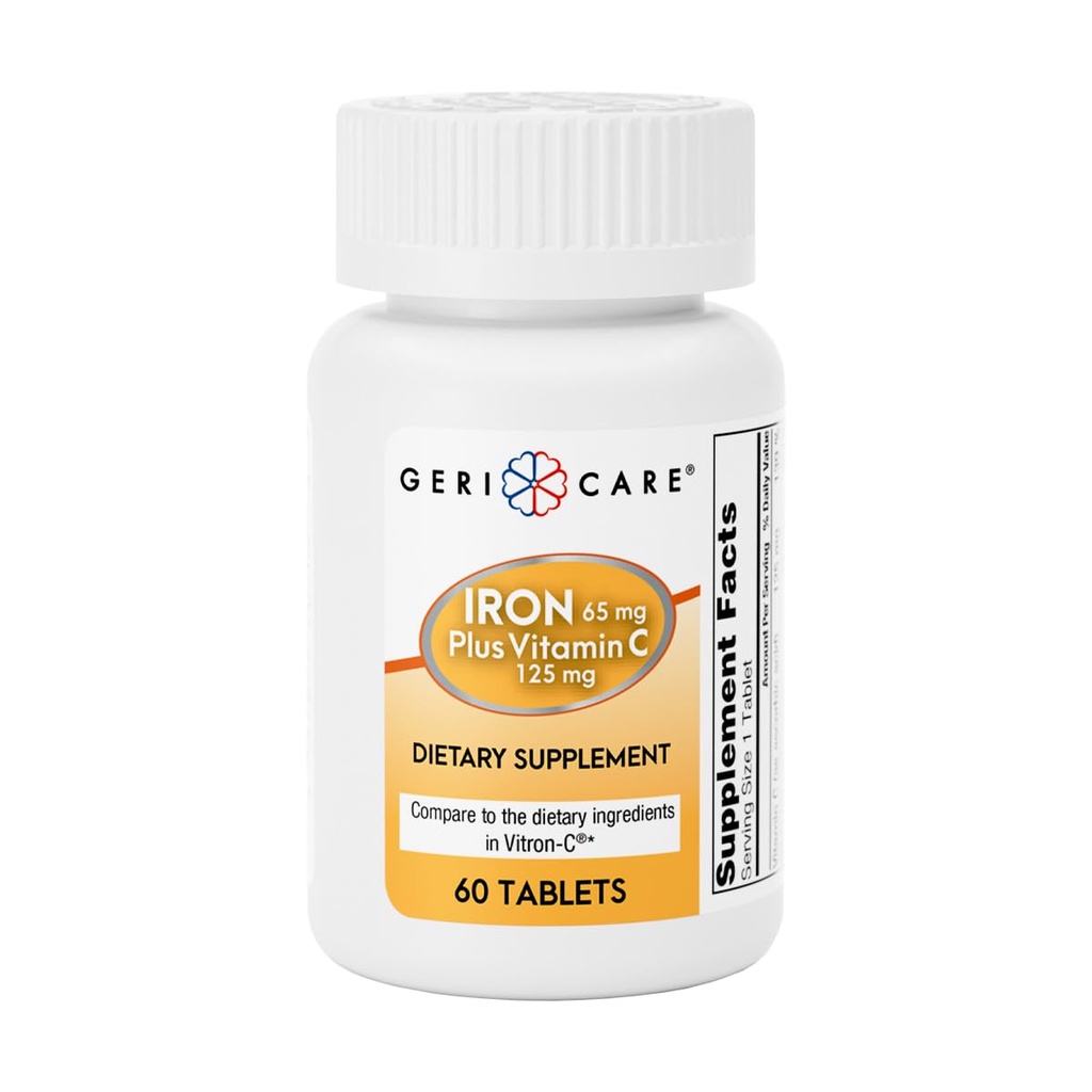 GeriCare Iron 65mg Plus Vitamin C 125mg Tablets – High-Absorption Iron for Anemia Support, Red Blood Cell Production, Fatigue Reduction, and Immune Health – 60 Count