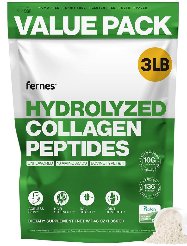 Hydrolyzed Collagen for Women Men (3LB) Type I & III Flavorless & Odorless Easy-Mix Powder Peptan Protein Peptides Joint Hair Skin & Nail Support Gluten-Free Non-GMO Keto Paleo Grass-Fed Kosher