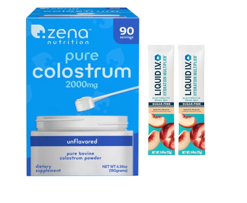 Ze_Na Pure Colostrum 2000mg – Unflavored Bovine Colostrum Powder – Dietary Supplement for Immune and Gut Health (6.34 oz, 90 Servings) – Bonus 2 Sugar Free White Peach Hydration Sticks