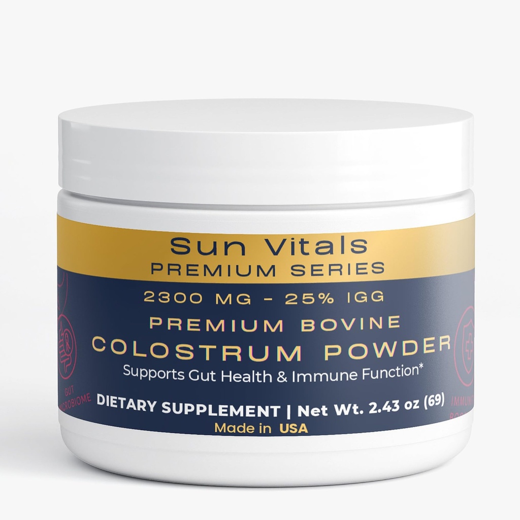 Sun Vitals Bovine Colostrum Powder 2300mg – 575mg IgG Per Serving | 25% IgG Standardized | Gut Health & Immune Support | No Fillers, No Capsules | GMP-Certified, 3rd Party Tested | 30 Servings