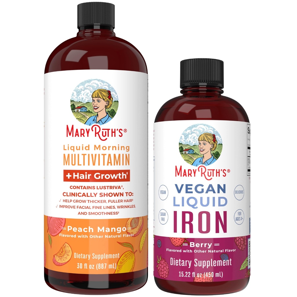 MaryRuth's MaryRuth's Liquid Morning Multivitamin +Hair Growth (Peach Mango, 30oz) & Iron Liquid (Berry) | Clean Label Project Verified® | Beauty, Immunity, & Overall Health | Vegan, Non-GMO