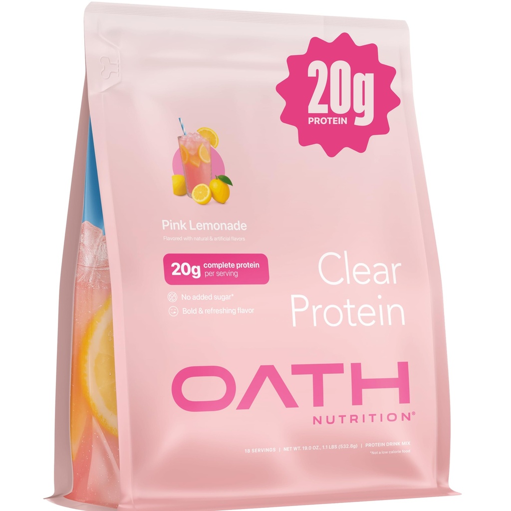 OATH NUTRITION Clear Whey Isolate Protein Powder, Pink Lemonade, 20g Complete Protein per Serving, No Added Sugar, Grass-Fed, 18 Servings (Pack of 10)
