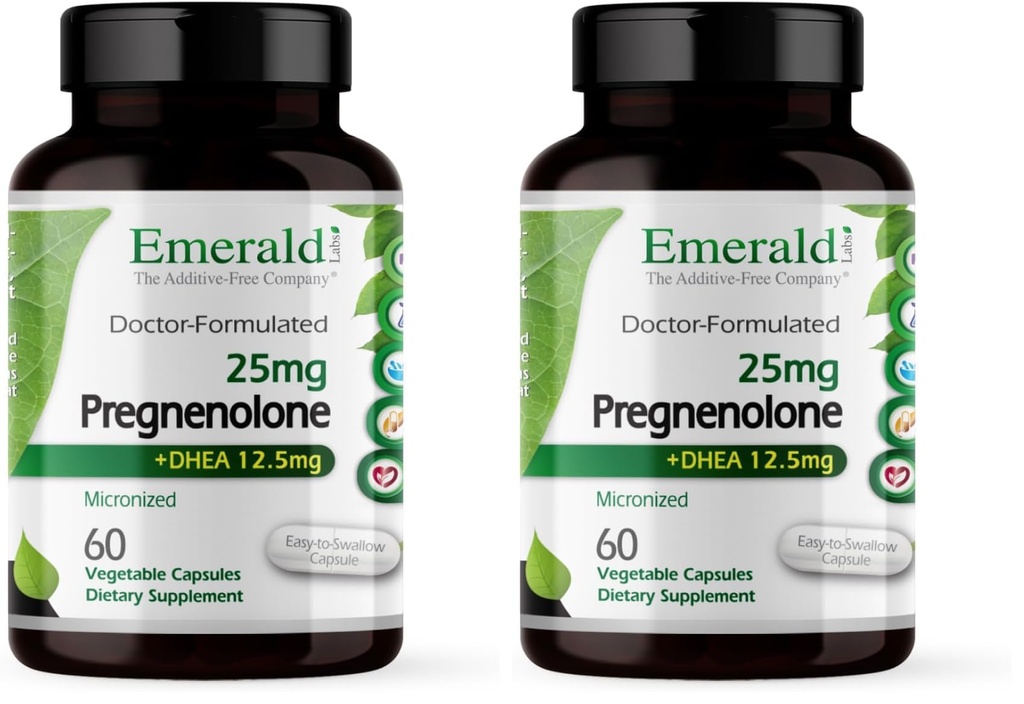 EMERALD LABS Pregnenolone 50mg with DHEA 25mg - Premium Wellness Supplement to Support Brain Health, Immune Response & Hormone Balance - Gluten-Free - 60 Vegetable Capsules (30-Day Supply) (Pack of 2)