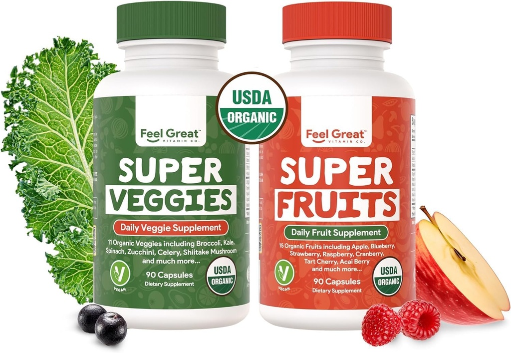 Feel Great USDA 有机水果和蔬菜补充品 + 20+ 超级红和绿色 支持自然能源 + Vegan 水果和蔬菜 + 蔬菜 → 2 Pack of 90 Count