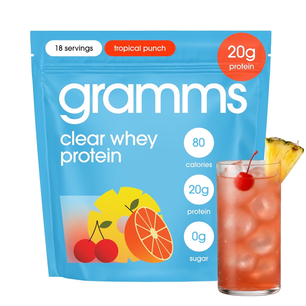 GRAMMS Clear Protein Powder, Tropical Punch | 20g Protein Grass-Fed Whey Isolate, Zero Sugar, Zero Lactose, Non-Bloating, Non-GMO, Protein for Women (18 Servings)