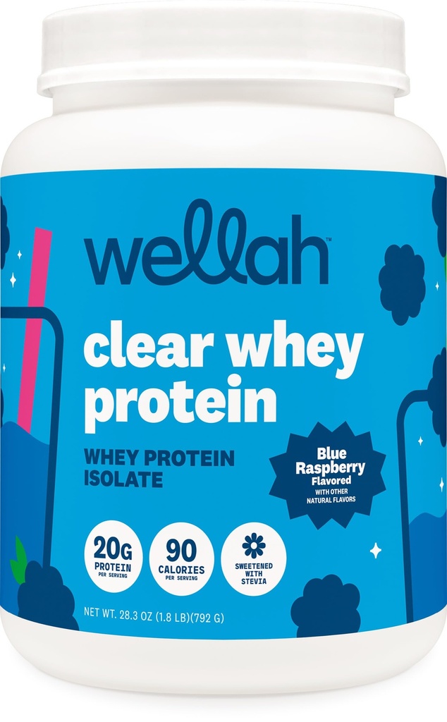 Wellah Clear Whey Protein Isolate Powder (Blue Raspberry) 30 Servings - 20g of Protein, 90 Calories, Sweetened with Stevia