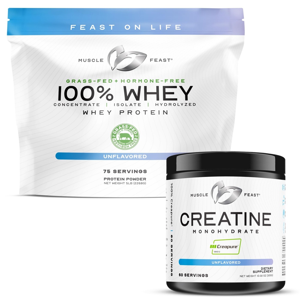 Muscle Feast 100% Whey + Creatine Bundle: (1) 100% Whey Protein (Unflavored, 5lb) + (1) Creatine Powder (Unflavored, 300g)