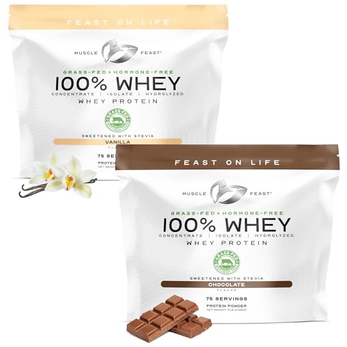 Muscle Feast 100% Grass Fed Whey Protein Bundle – Chocolate & Vanilla Blend, 5lb Each – All Natural, Hormone-Free, Whey Concentrate, Isolate & Hydrolyzed Mix