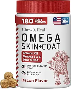 Omega for Dogs - 180 美味软菜 - 沙门油处理用皮和煤,Itch Relief - 鱼油混合 基本脂肪酸,Omega 3, 6和9, 维生素 - 烟熏培根 Flavor