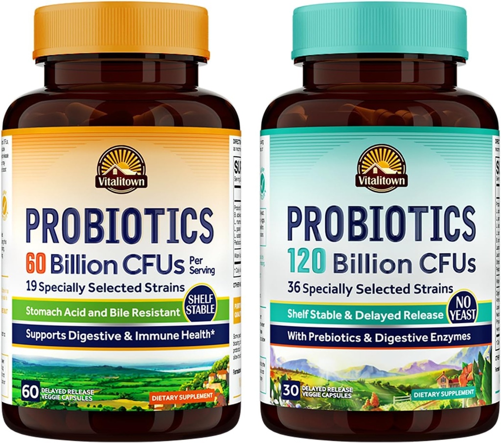 Vitalitown Probiotic Bundle (Pack of 2) + Probiotics 60亿 CPUs (项目1) + Probiotics 120亿 CPUs (项目2) → 大陆架稳定 + 消化和免疫健康 + 30天供应量