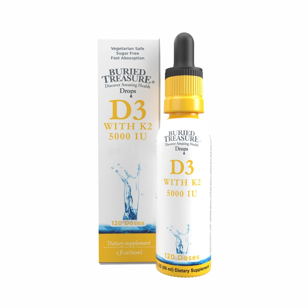 埋藏的宝藏维生素D3 & K2 滴水 - 5000 IU D3 含100 mcg K2 用于骨,心和免疫支持,无糖,2 fl oz