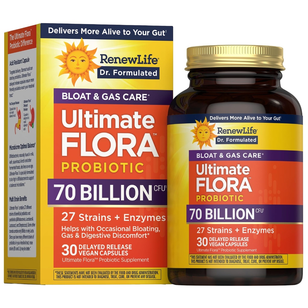 Renew Life Ultimate Flora Probiotics Bloat & Gas Support 70 Billion CFU Delayed Release Vegan Capsules | Doctor Formulated | Digestive Health | Immune Health | Dairy Free | 30 Count