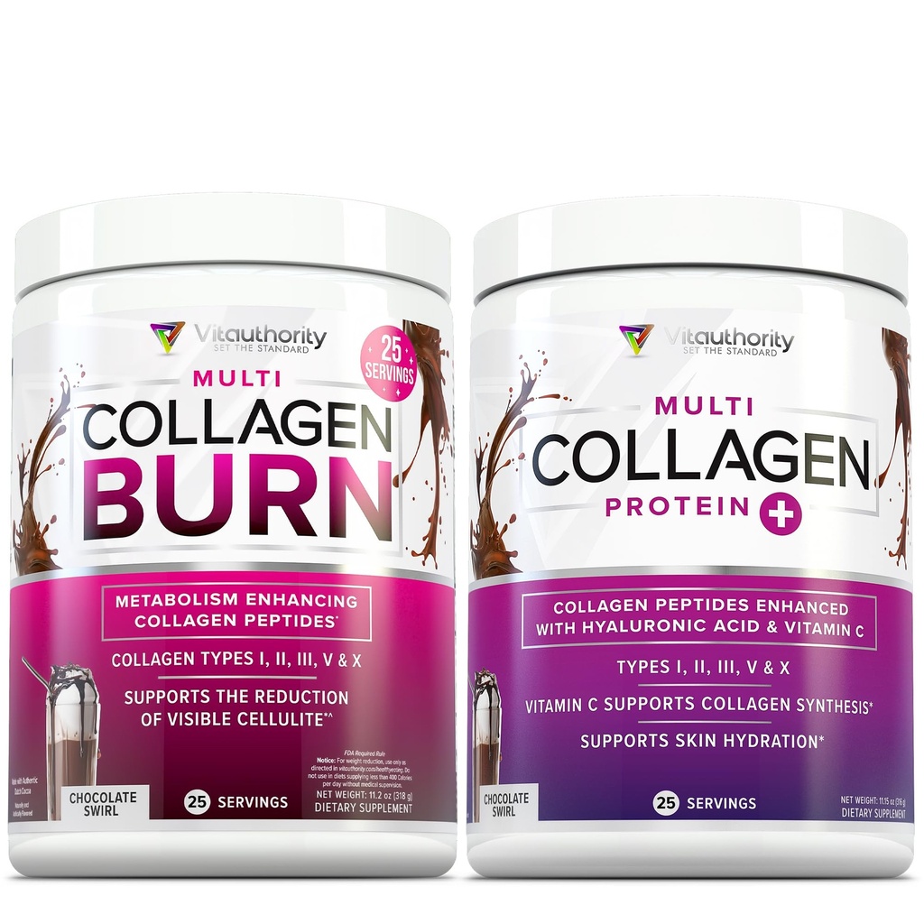 Vitauthority Multi Collagen Burn: Hydrolyzed Protein Peptides with Hyaluronic Acid Chocolate Flavored and Multi Collagen Peptides Powder for Women - Hydrolyzed Flavored Collagen Chocolate Flavored