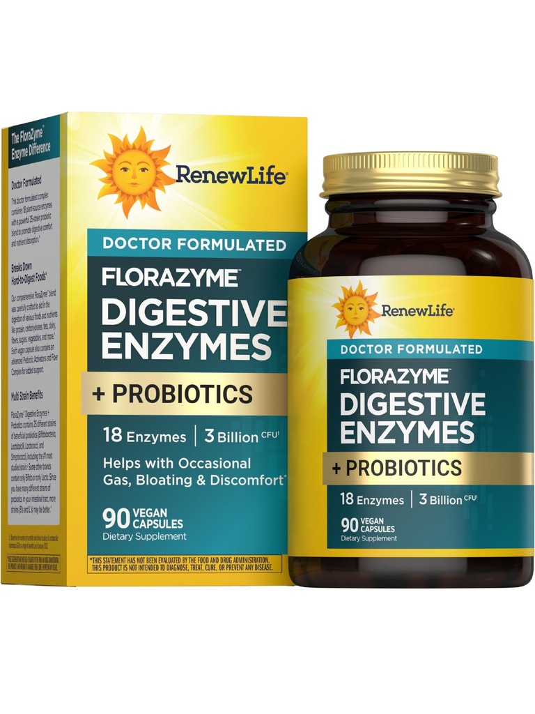 Renew Life Florazyme Digestive Enzymes with Probiotics | Doctor Formulated | Helps Occasional Gas, Bloating & Discomfort | Digestive & Immune Health | Dairy Free | 90 Vegan Capsules