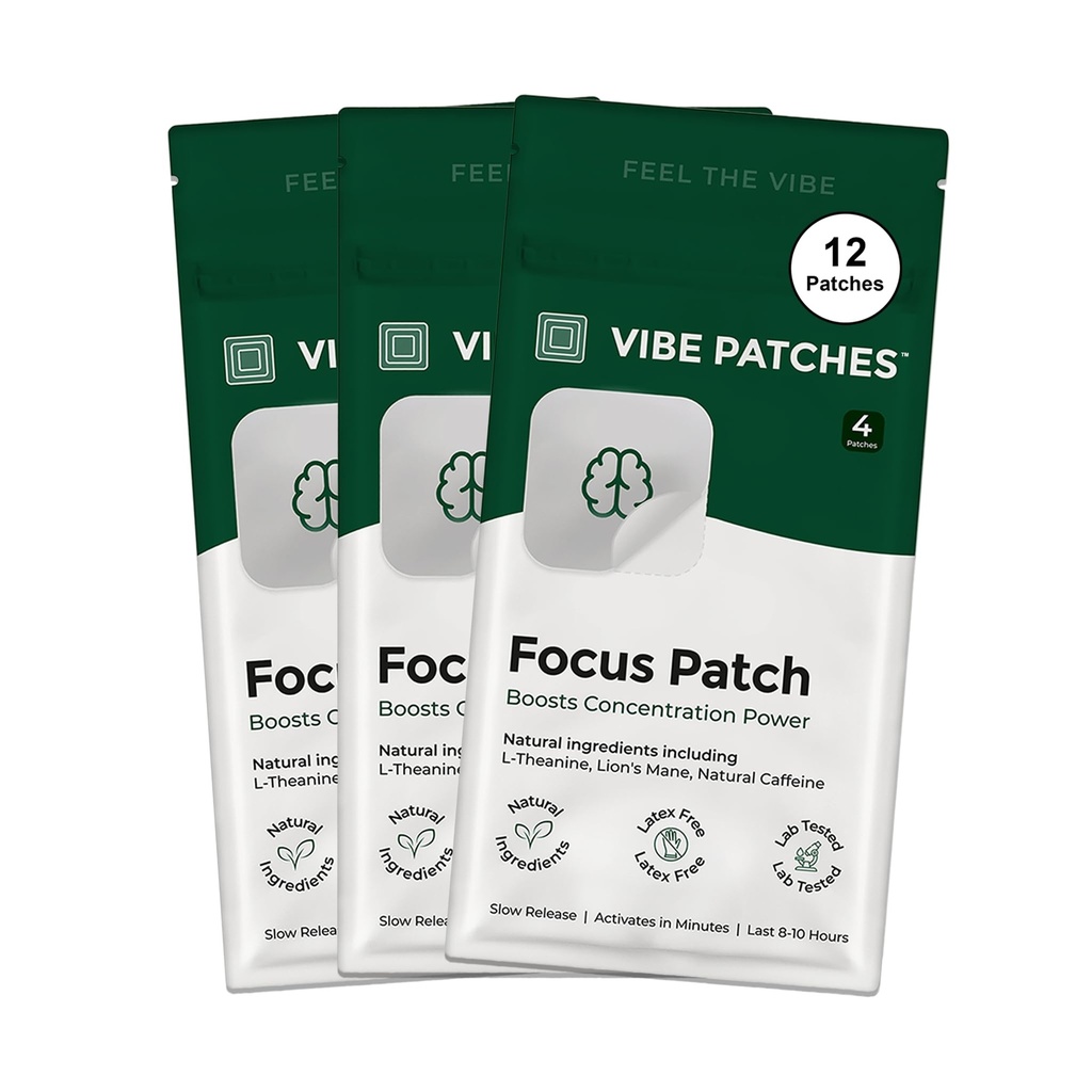 Focus Patch | Wearable Wellness for Focus Support with L-Theanine and Lion’s Mane | Long Lasting Patch for 10 Hours | Vegan & Latex Free | 4 Patches Per Pack, 3 Pack