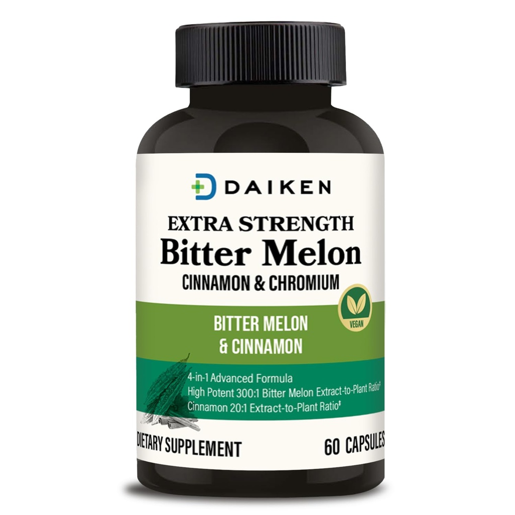 DAIKEN Bitter Melon, 肉桂和铬, 90,000毫克/每服 超强, 100% 肉桂Bitter Melon Capsules 与肉桂铬和锌, 60 Capsules