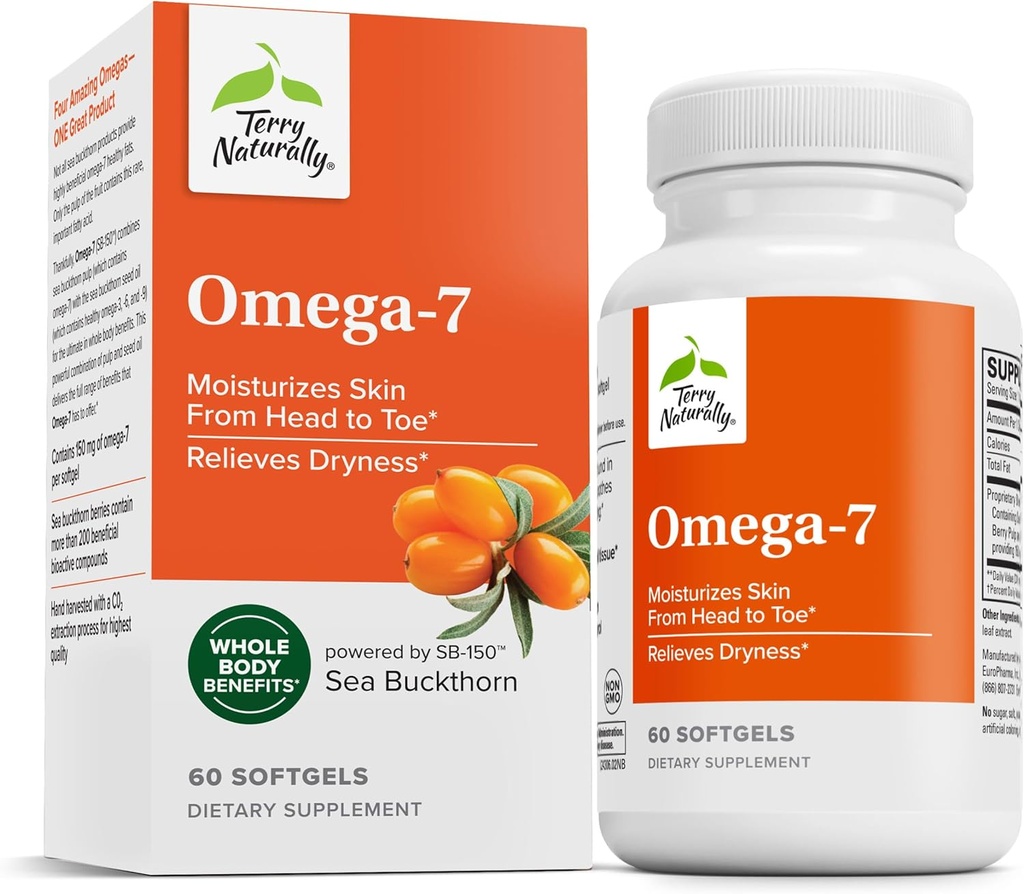 Terry Naturally Omega-7 - Dietary Supplement with Essential Fatty Acids - Nutritional Supplement to Support Skin Health with Sea Buckthorn, Berry Pulp & Seed Oil - 60 Softgels (Pack of 2)