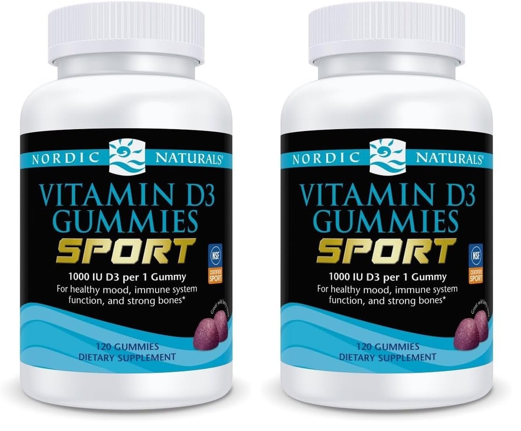 Nordic Naturals Vitamin D3 Gummies Sport, Wild Berry - 120 Gummies - 1000 IU Vitamin D3 - NSF Certified - Healthy Bones, Mood & Immune System Function - Non-GMO - 120 Servings (Pack of 2)