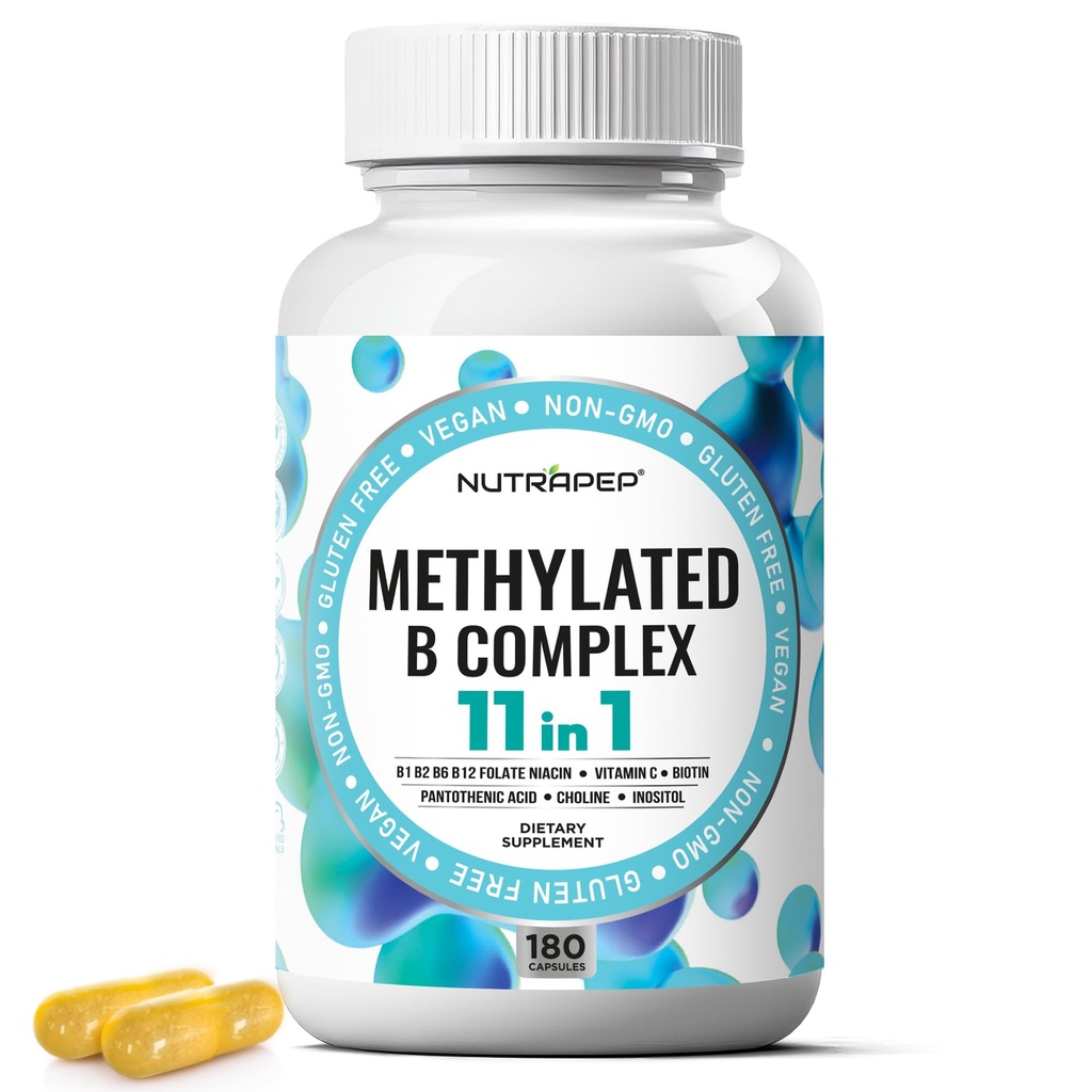 NutraPep Methylated B-Complex Vitamins - Complete Methyl B Complex Multivitamin with Bioactive B9 5-MTHF B6 B12 - MTHFR Support Supplement for Brain Heart Energy - Vegan Gluten Free Sugar Free