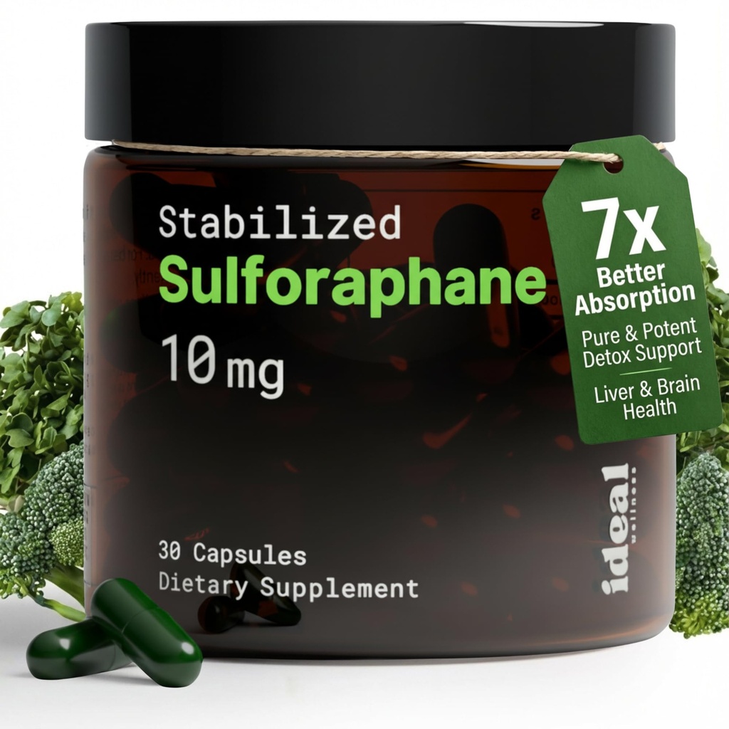 10mg Pure Stabilized Sulforaphane Supplement from Broccoli Sprout Extract - Cellular Detox, Liver & Brain Health Support - Nrf2 Activator - Non-GMO & Glyphosate Free - 30 Vegan Capsules