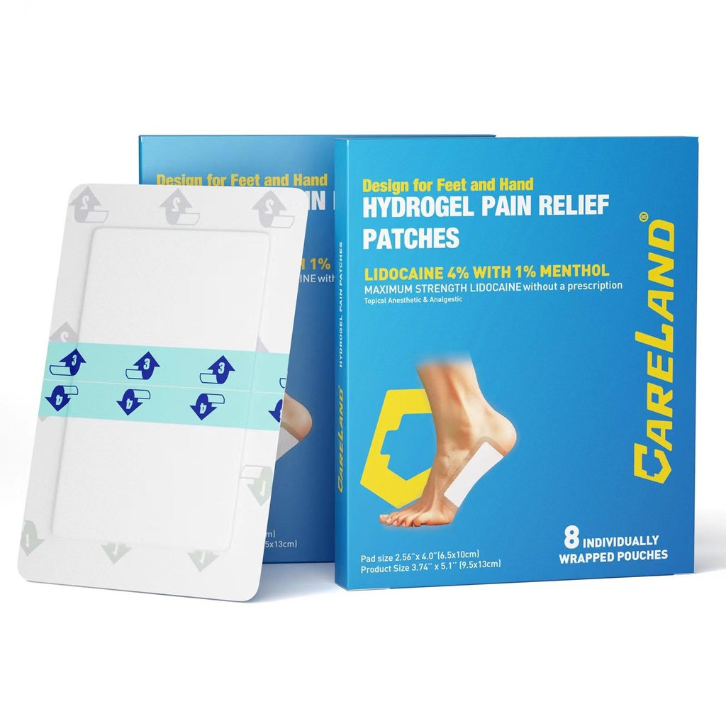 CARELAND Plantar Fasciitis Lidocaine Pain Patches with Hydrogel Technology- Waterproof with Sticky Border, 12 Hour Pain Relief - Contours to Your Foot - 16 Ct​