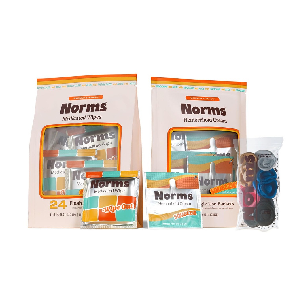 Norms Roadies Hemorrhoid Treatment Bundle - Individually Wrapped Hemorrhoid Lidocaine Cream and Medicated Witch Hazel Wipes for Travel and On The Go Use