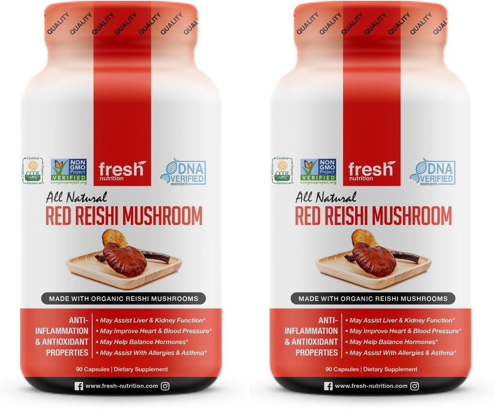 Fresh Nutrition Organic Reishi Mushroom Capsules - Rich in Alpha Glucan - Ganoderma Lucidum & Ganoderma Applanatim - Third Party Tested - 90 Capsules/Pills (Pack of 2)