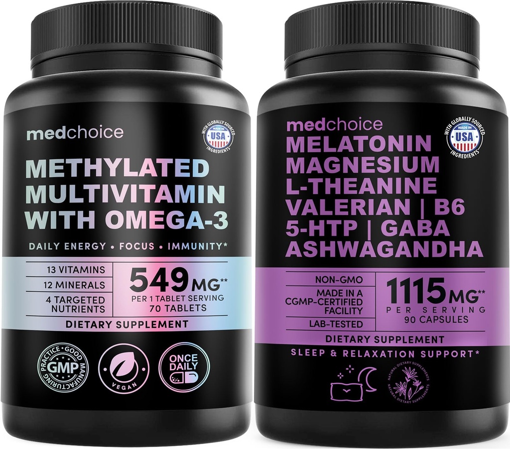 29-in-1 Methylated Multivitamin for Men & Women with Omega 3, Active B12, 5-MTHF Folate (70ct) & 12-in-1 Melatonin Sleep Capsules with Melatonin 5mg and Magnesium Glycinate 500mg Bundle (90 ct)