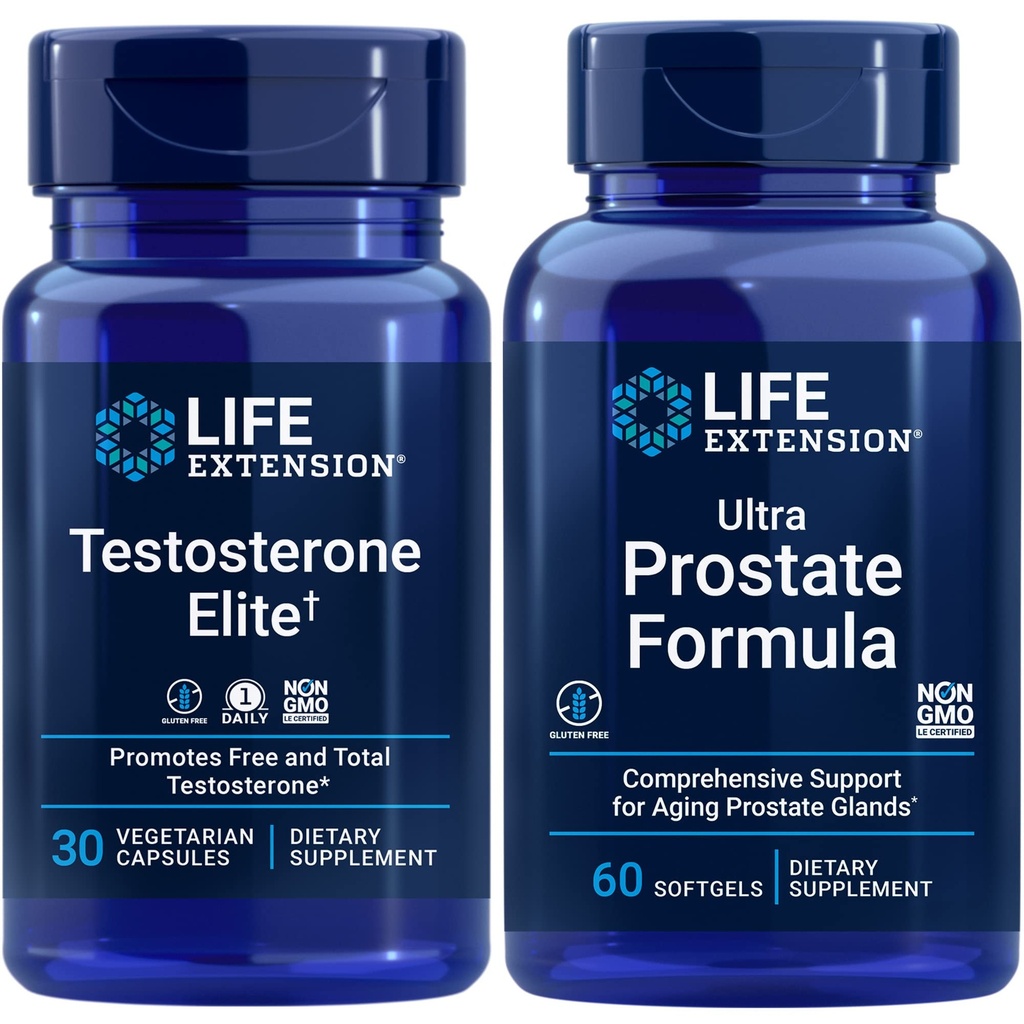 生命延展 睾丸酮 Elite, 30 Vegetarian Capsules + 超前列腺公式, 60 软胶 → 健康前列腺, 睾丸酮生产支持, 男性补充