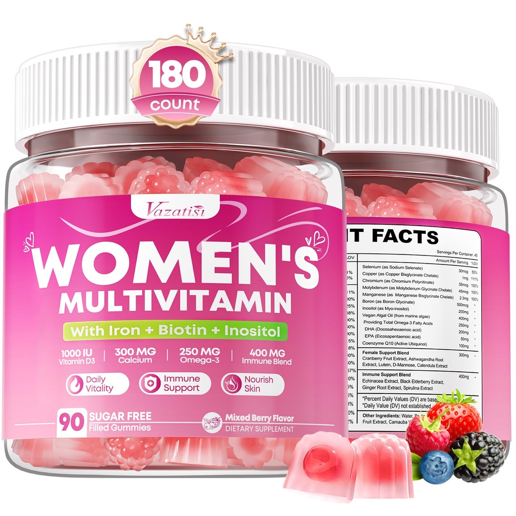 180 Count Womens Multivitamin Gummy, Methylated Multivitamin for Women with Iron, Biotin, Vitamins A, C, E, D3, K2 and B Complex for Beauty, Immune, Hair & Skin, Vegan, Sugar Free, Mixed Berry Flavor