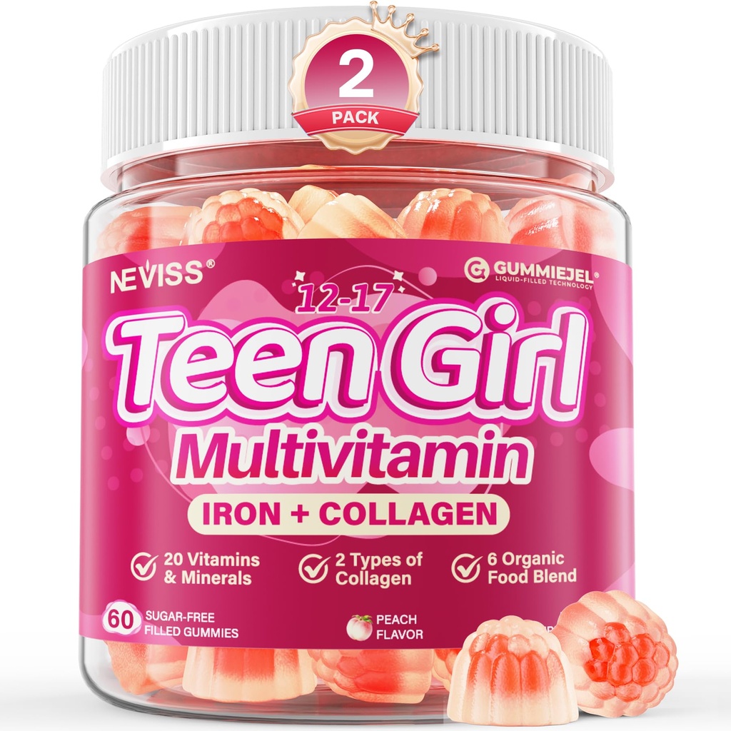 2 PACK Methylated Multivitamin Gummies for Teen Girls 12-17, Methylfolate, Iron, Collagen, D3 K2, Magnesium, Zinc, Daily Vitamins A C E, B Complex for Teenager Growth, Skin, Bone, Energy - Sugar Free