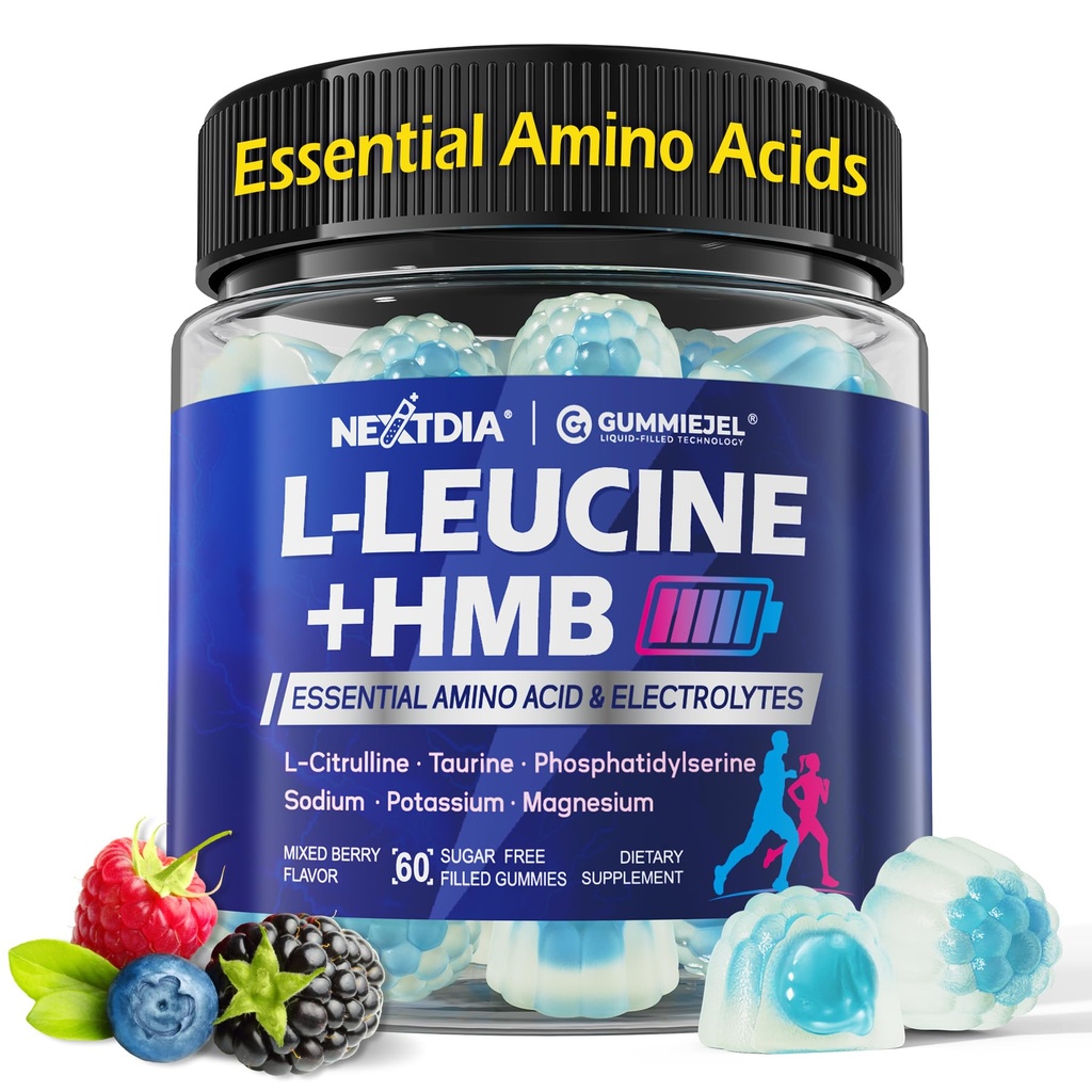 Hmb and L-Leucine Gummies, Pre Work Essential Amino Acids EAA Supplements for Men & Women, w/Branched-Chain Amino (BCAA) & 4 Hydration Electrolytes, Taurine, B12 & D3 for Fast Workout Recovery, 60Cts