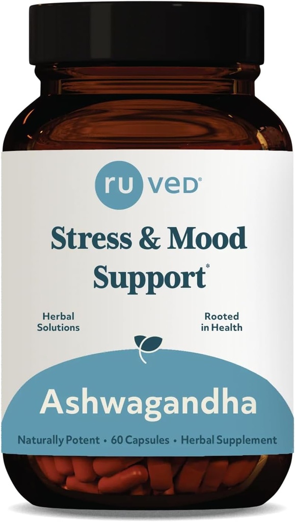 ruved Ashwagandha Capsules - Organic Ashwagandha Root Extract Supplement for Men & Women, 500mg Per Pill for Adrenal Health and Overall Wellness - 60 Vegetarian Caplets (1 Count)